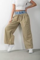 Kot Detaylı Çift Renk Bol Paça Tasarım Bej Pantolon