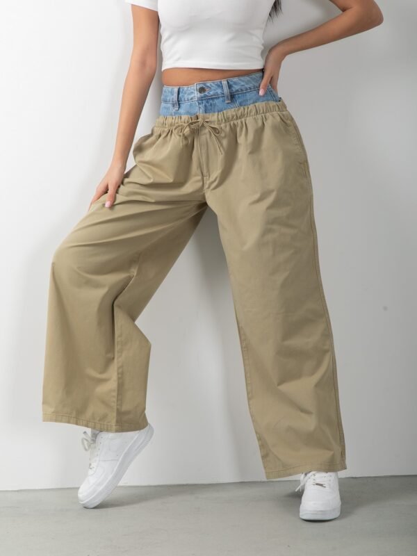 Kot Detaylı Çift Renk Bol Paça Kadın Tasarım Bej Pantolon
