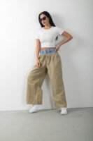 Kot Detaylı Çift Renk Bol Paça Tasarım Bej Pantolon