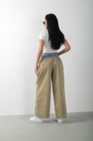 Kot Detaylı Çift Renk Bol Paça Tasarım Bej Pantolon