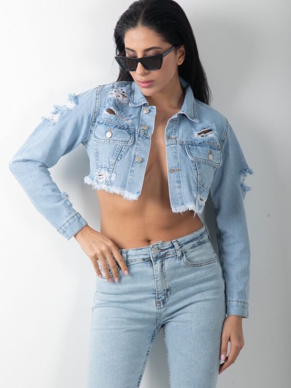 Yıkamalı Crop Yırtıklı Kısa Kot Ceket