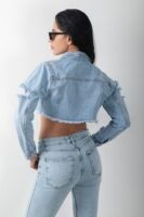 Yıkamalı Crop Yırtıklı Kısa Kot Ceket