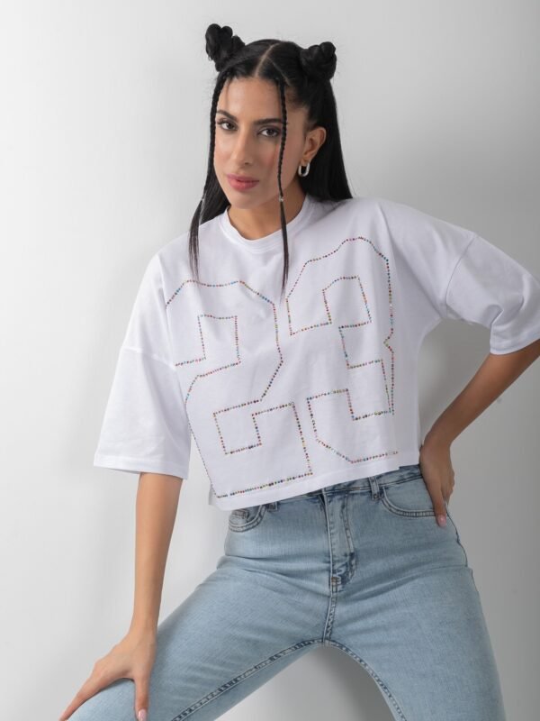 Taş Detaylı Kadın Oversize Crop Beyaz Tişört