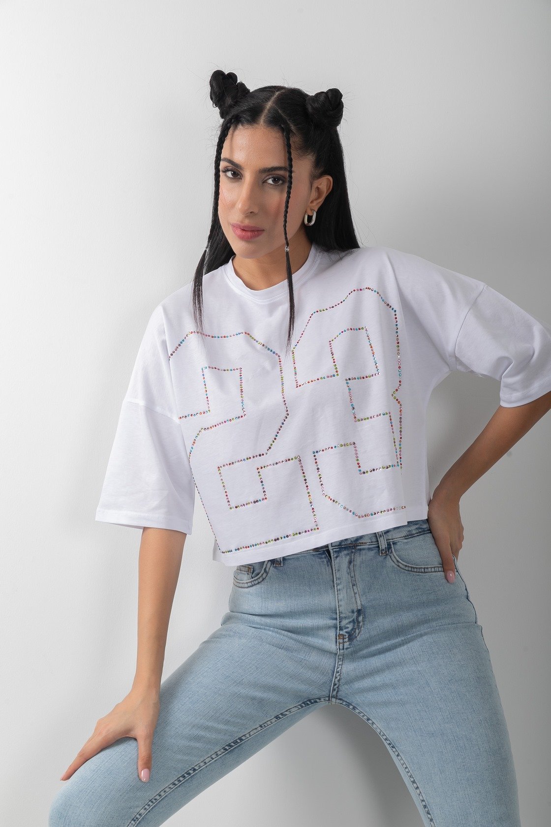 Taş Detaylı Oversize Crop Tişört