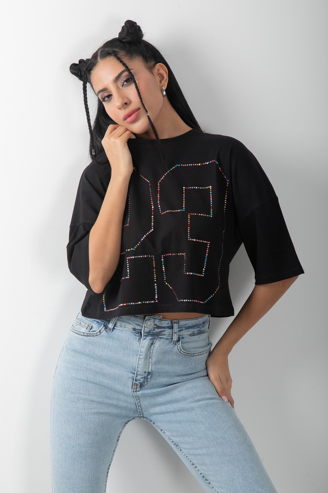 Taş Detaylı Oversize Crop Tişört