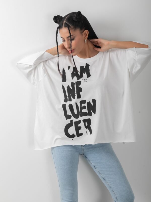 Oversize Influencer Baskılı Beyaz Tişört