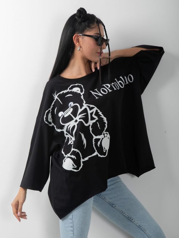 Oversize Ayıcık Baskılı No Problemo Siyah Tişört