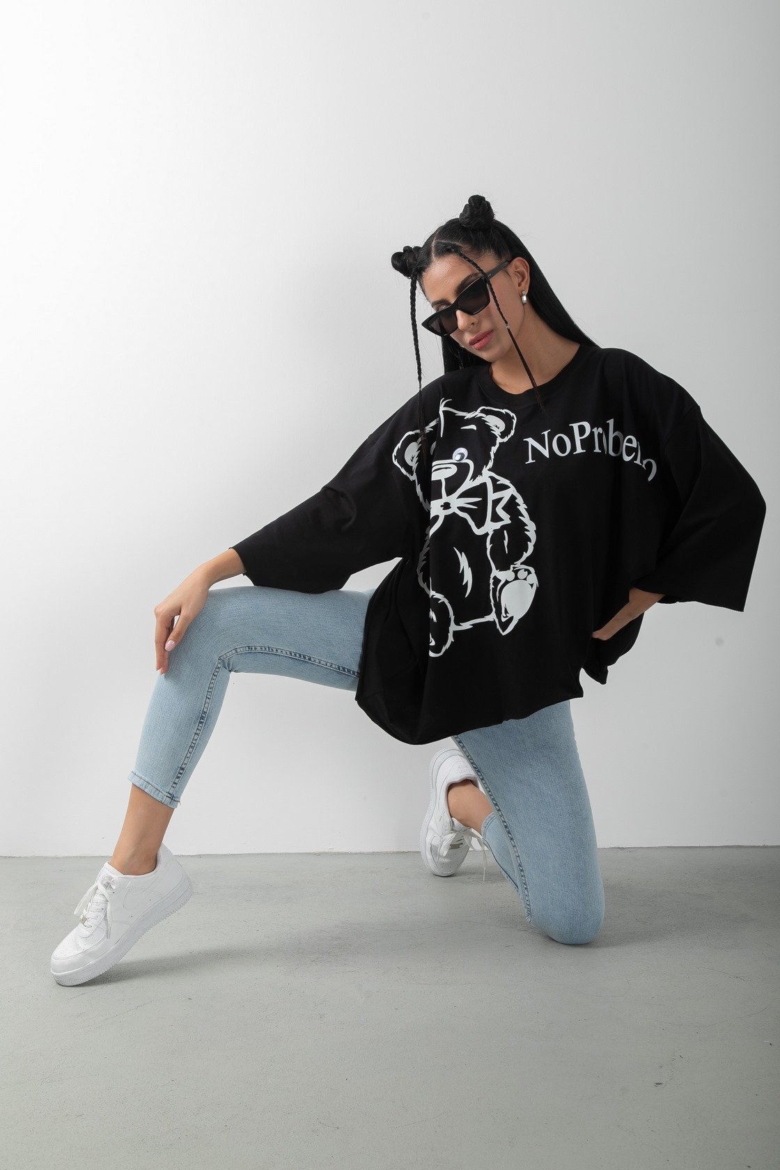 Oversize Ayıcık Baskılı No Problemo Tişört