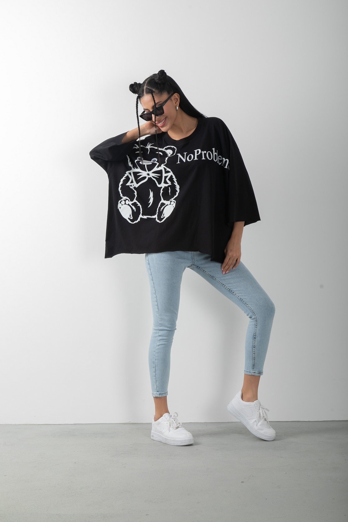 Oversize Ayıcık Baskılı No Problemo Tişört