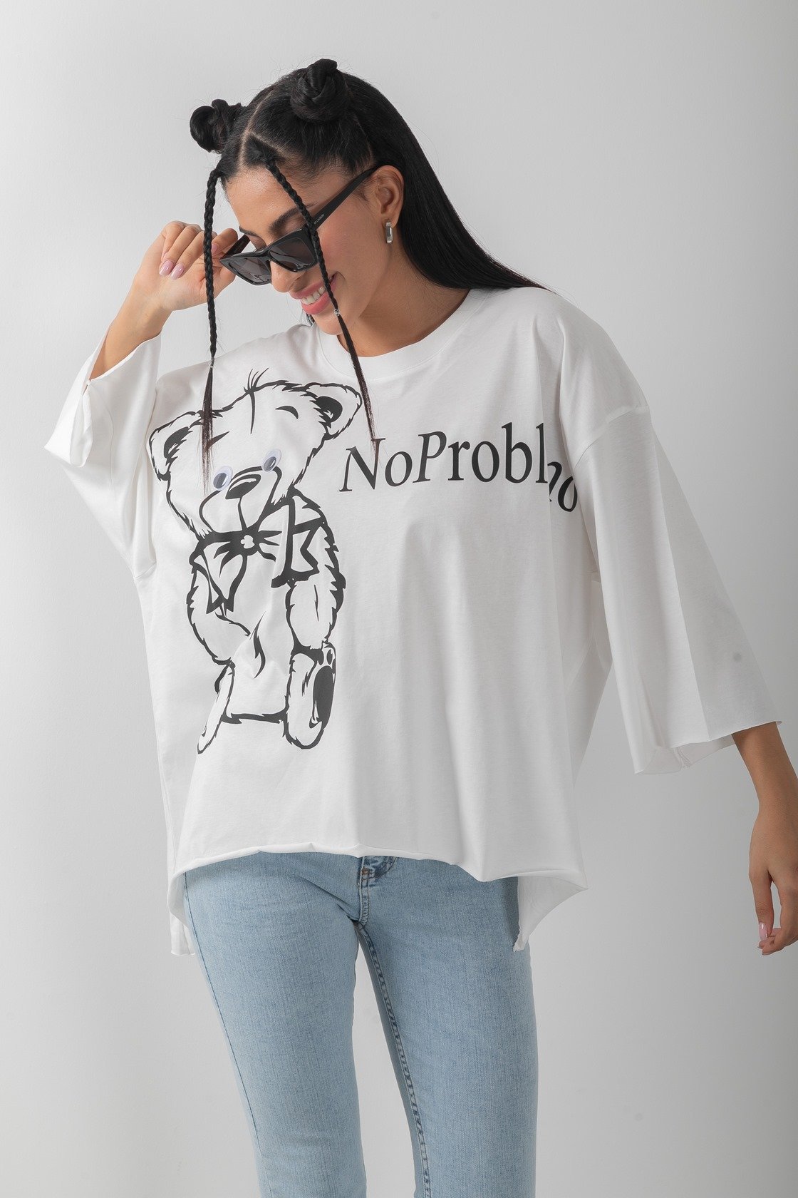 Oversize Ayıcık Baskılı No Problemo Tişört