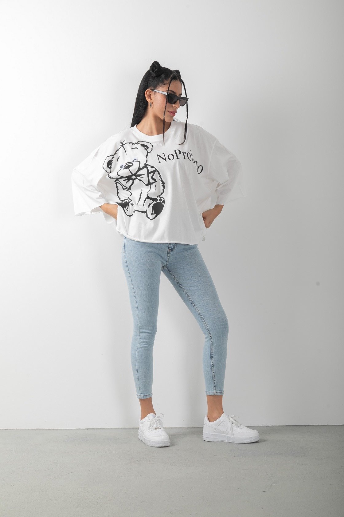 Oversize Ayıcık Baskılı No Problemo Tişört