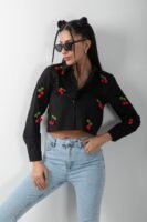 Kiraz Detaylı Uzun Kol Crop Gömlek