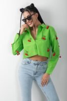 Kiraz Detaylı Uzun Kol Crop Gömlek