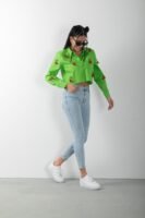 Kiraz Detaylı Uzun Kol Crop Gömlek