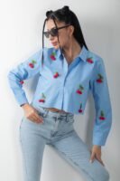 Kiraz Detaylı Uzun Kol Crop Gömlek