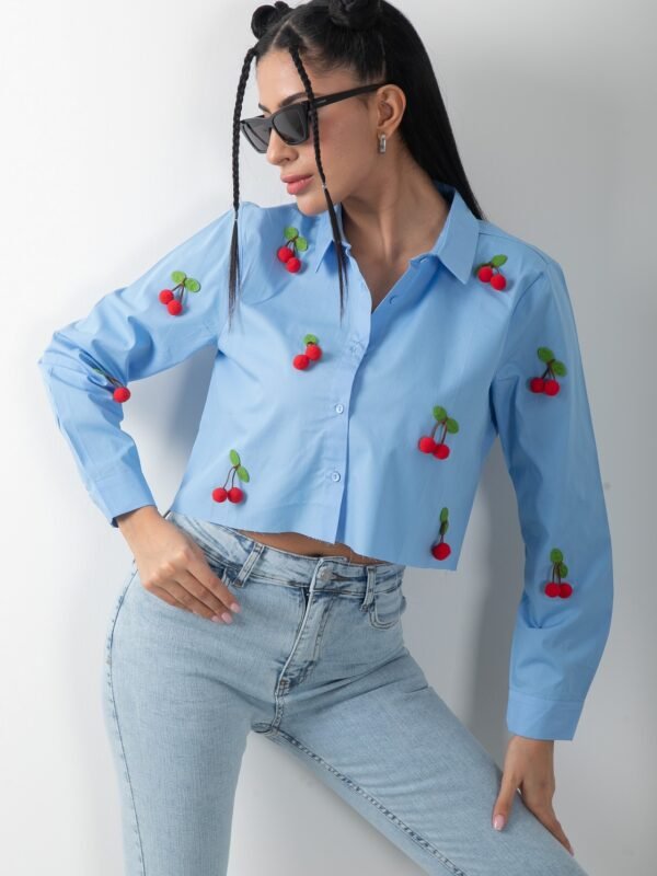 Kiraz Detaylı Uzun Kol Crop Mavi Gömlek