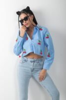 Kiraz Detaylı Uzun Kol Crop Gömlek