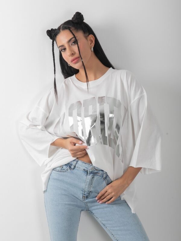 Oversize Florida Baskılı Varaklı Tişört Beyaz