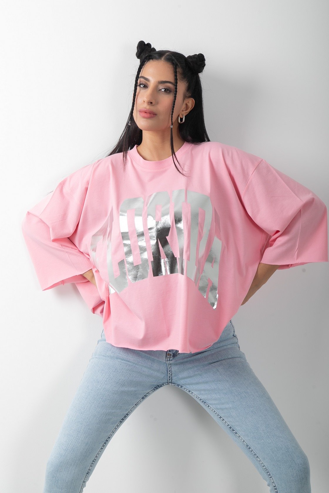 Florida Baskılı Varaklı Oversize Tişört