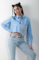 Kot Detaylı Uzun Kol Crop Tasarım Gömlek