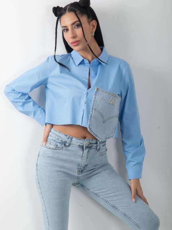 Kot Detaylı Uzun Kol Crop Tasarım Gömlek