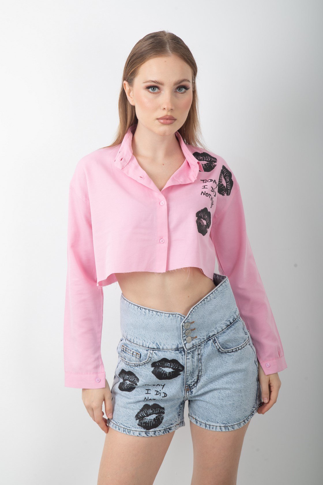 Baskılı Uzun Kol Crop Gömlek