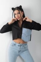 Kot Detaylı Uzun Kol Crop Tasarım Gömlek