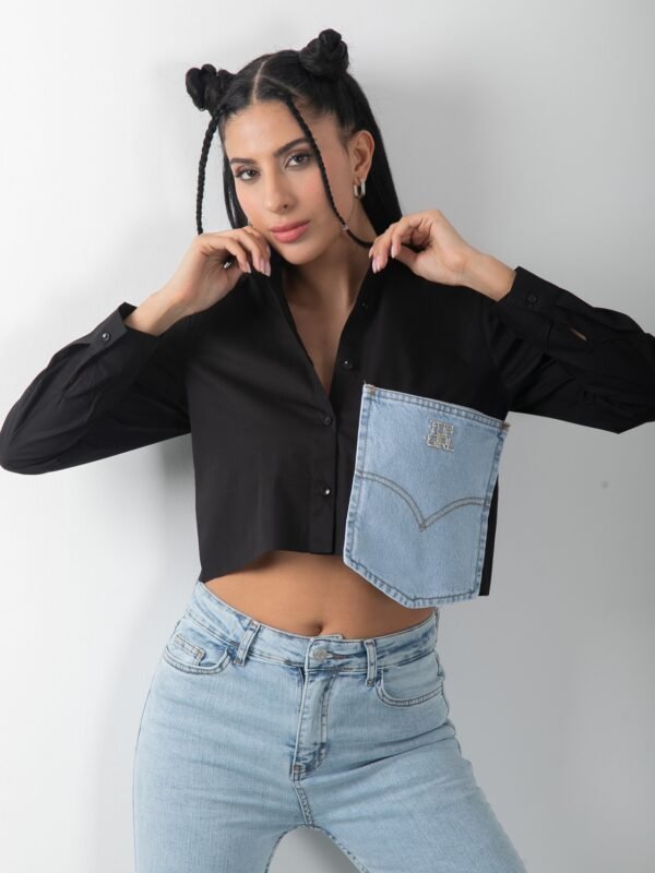 Kot Detaylı Uzun Kol Kadın Siyah Crop Tasarım Gömlek