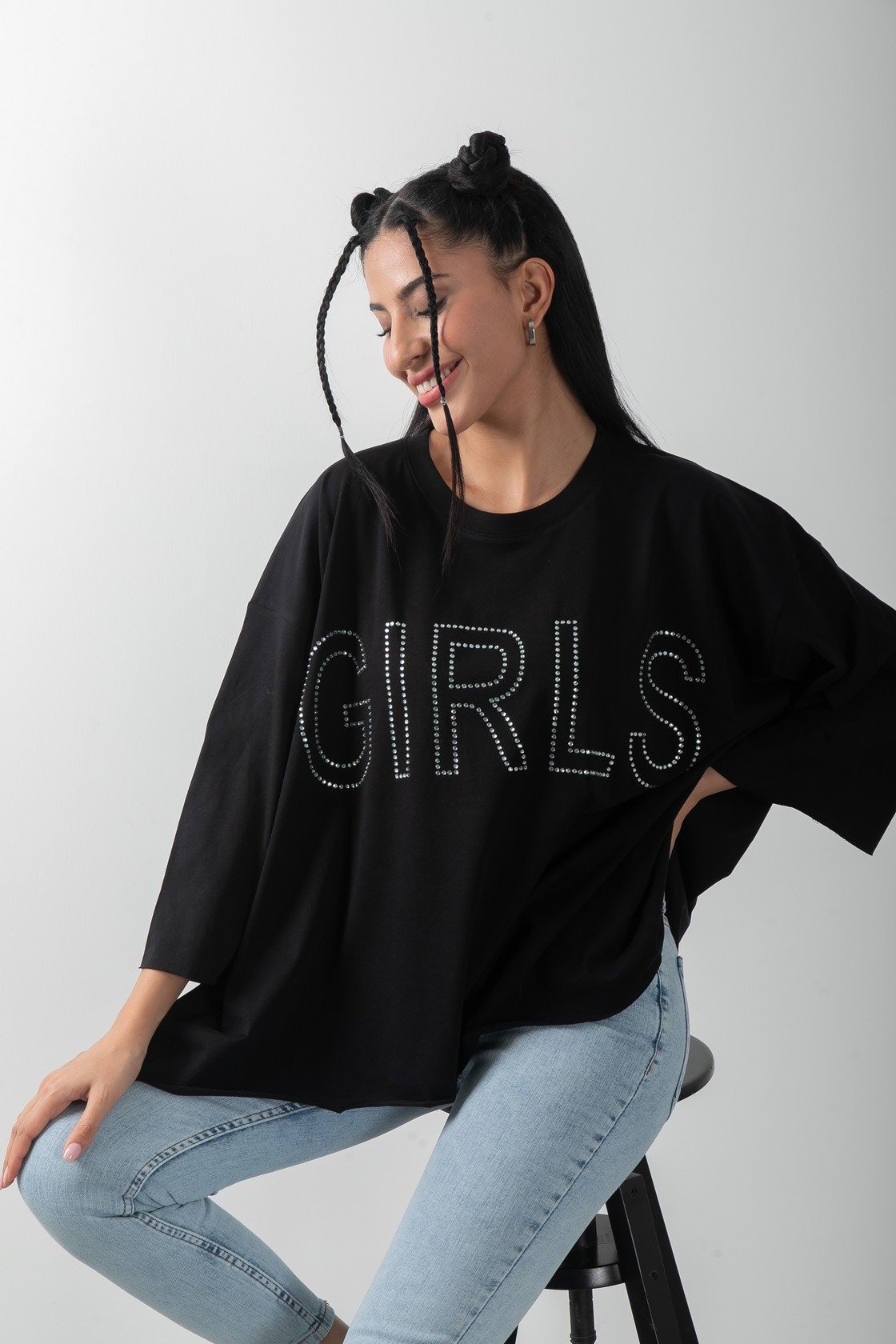 Oversize Taş Baskılı Girls Tişört