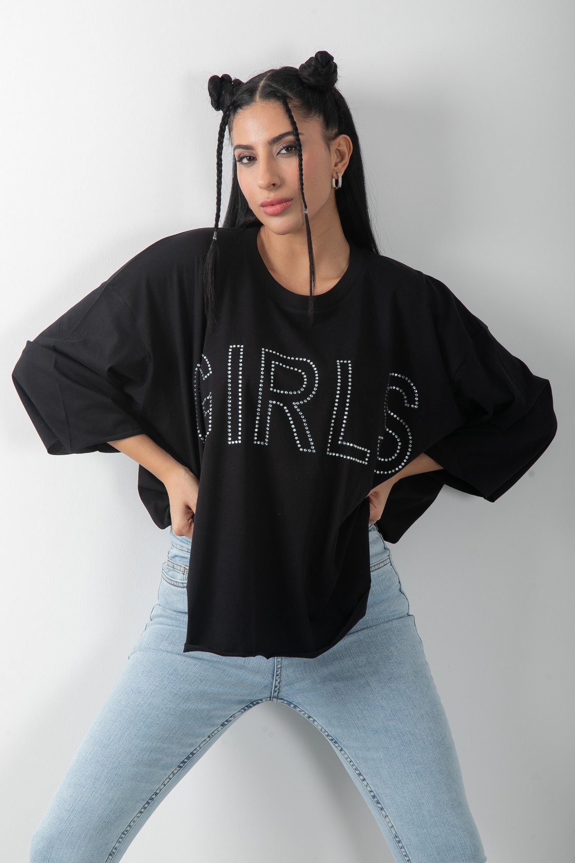 Oversize Taş Baskılı Girls Tişört
