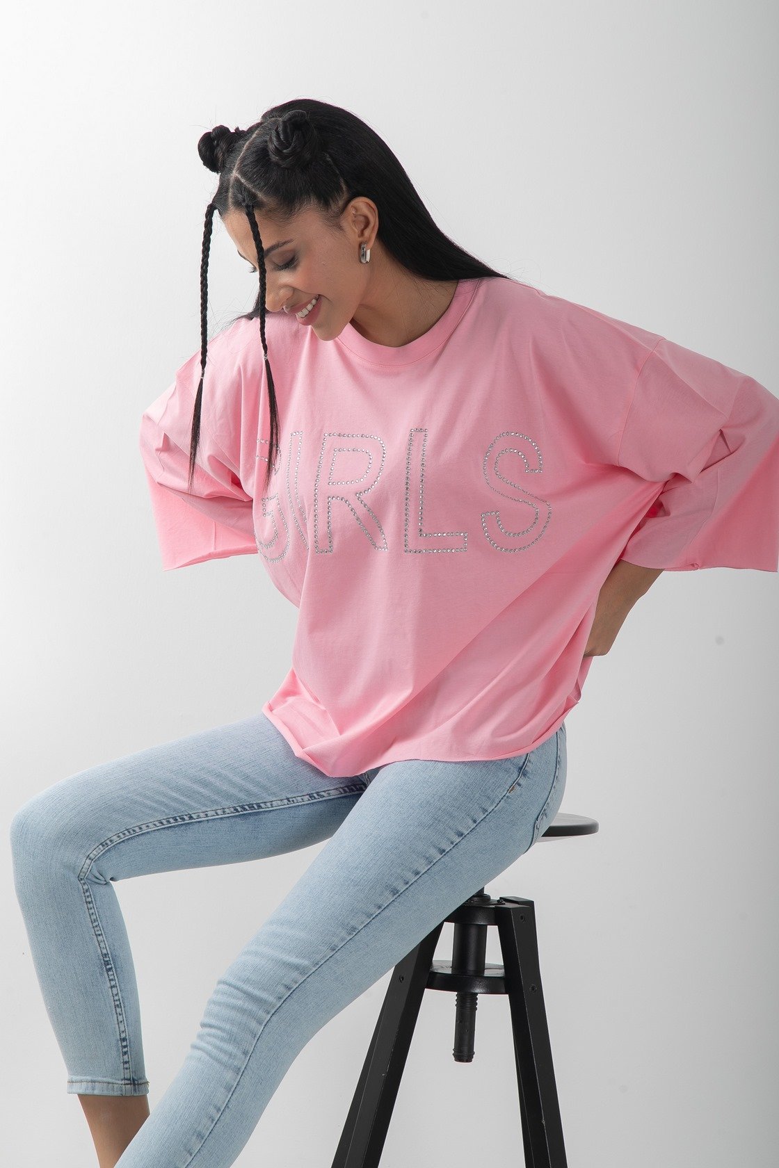 Oversize Taş Baskılı Girls Tişört