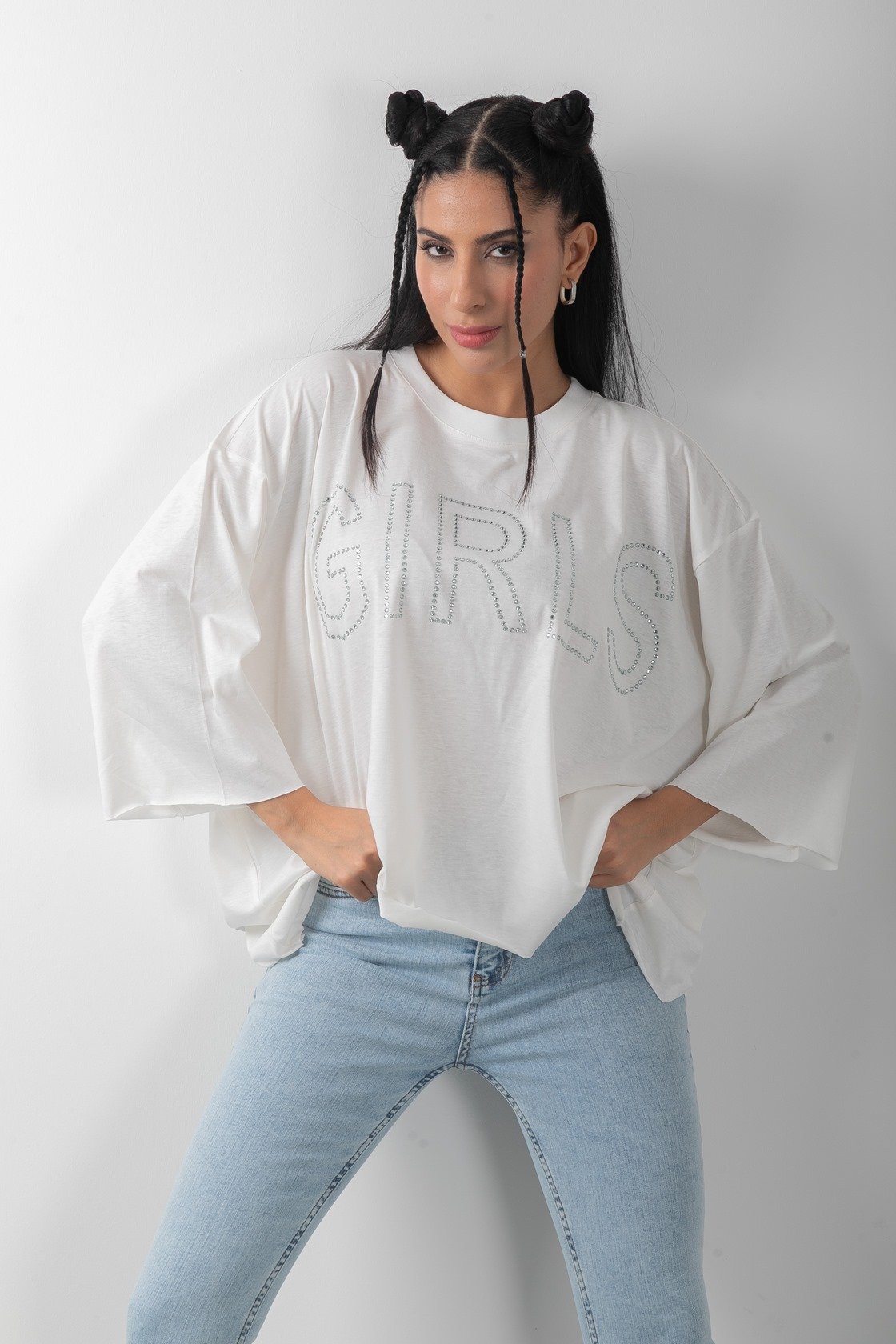 Oversize Taş Baskılı Girls Tişört