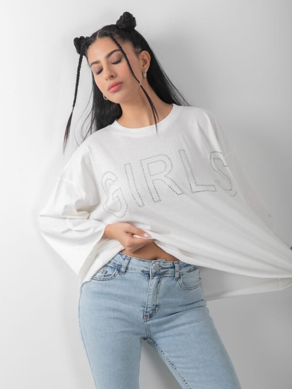 Oversize Taş Baskılı Girls Beyaz Tişört