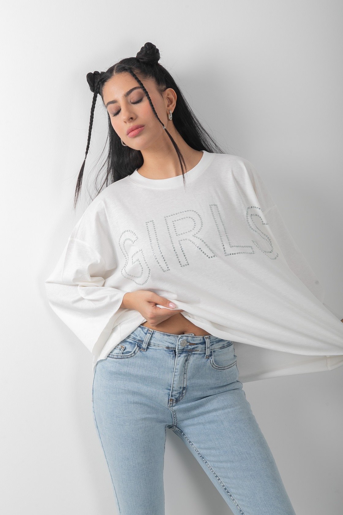 Oversize Taş Baskılı Girls Tişört