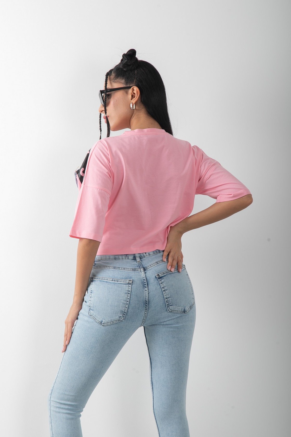 Not So Basic Baskılı Denim Detaylı Crop Tişört