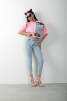 Not So Basic Baskılı Denim Detaylı Crop Tişört