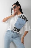 Not So Basic Baskılı Denim Detaylı Crop Tişört