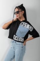 Not So Basic Baskılı Denim Detaylı Crop Tişört