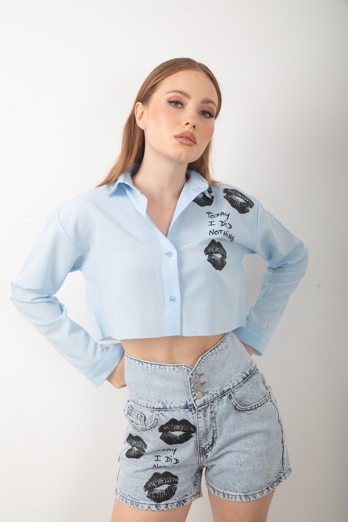 Baskılı Uzun Kol Crop Gömlek