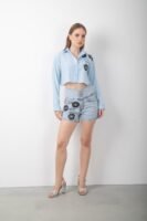 Yüksek Bel Dudak Baskılı Mini Kot Şort