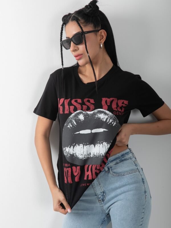 Likralı Baskılı Siyah Penye Tişört