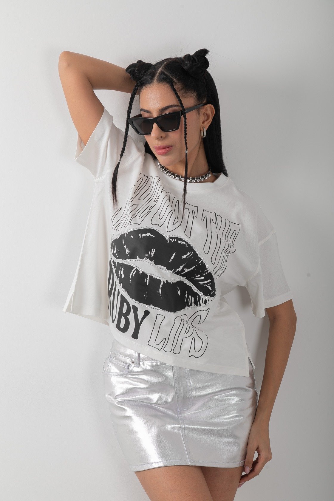 Parlak Dudak Baskılı Varaklı Tişört