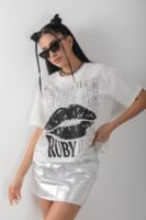 Parlak Dudak Baskılı Varaklı Tişört