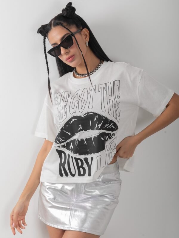 Parlak Dudak Baskılı Varaklı BeyazTişört