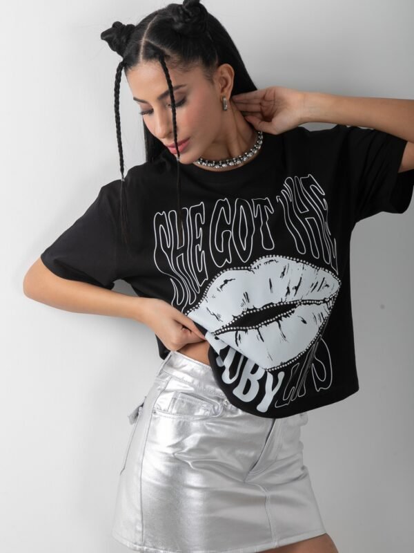 Parlak Dudak Baskılı Varaklı Tişört