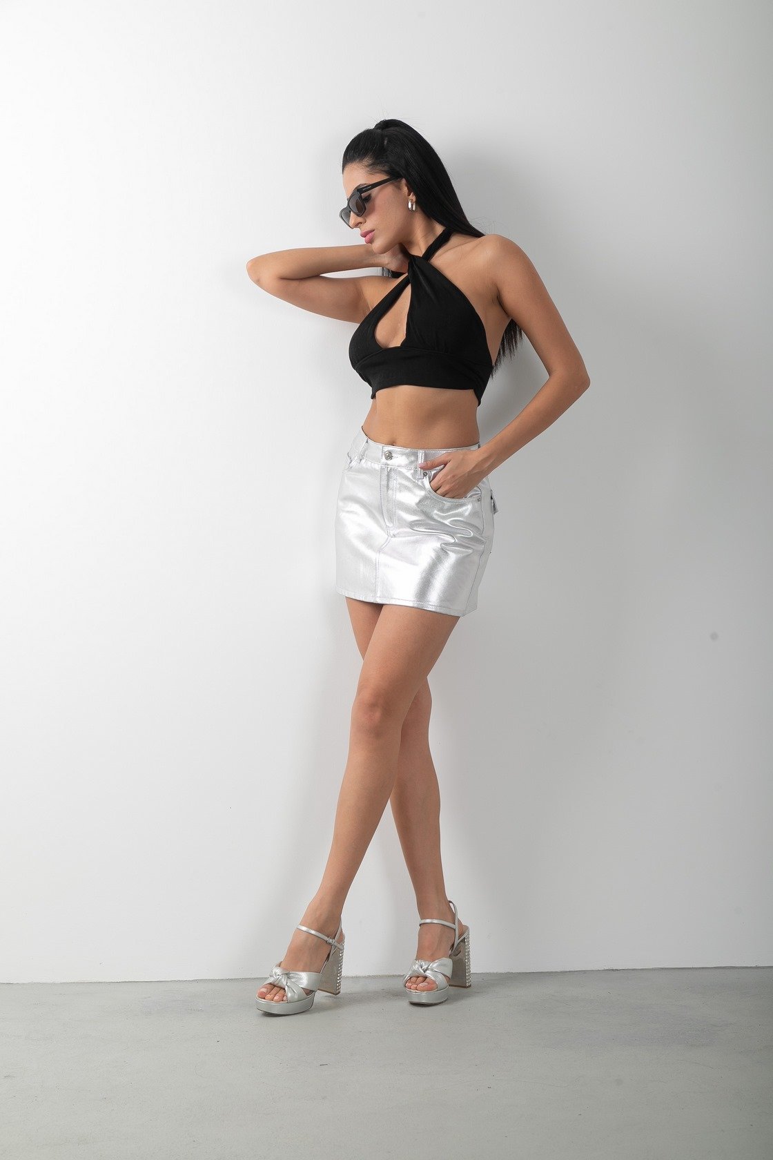 Gümüş Rengi Parlak Lame Mini Etek