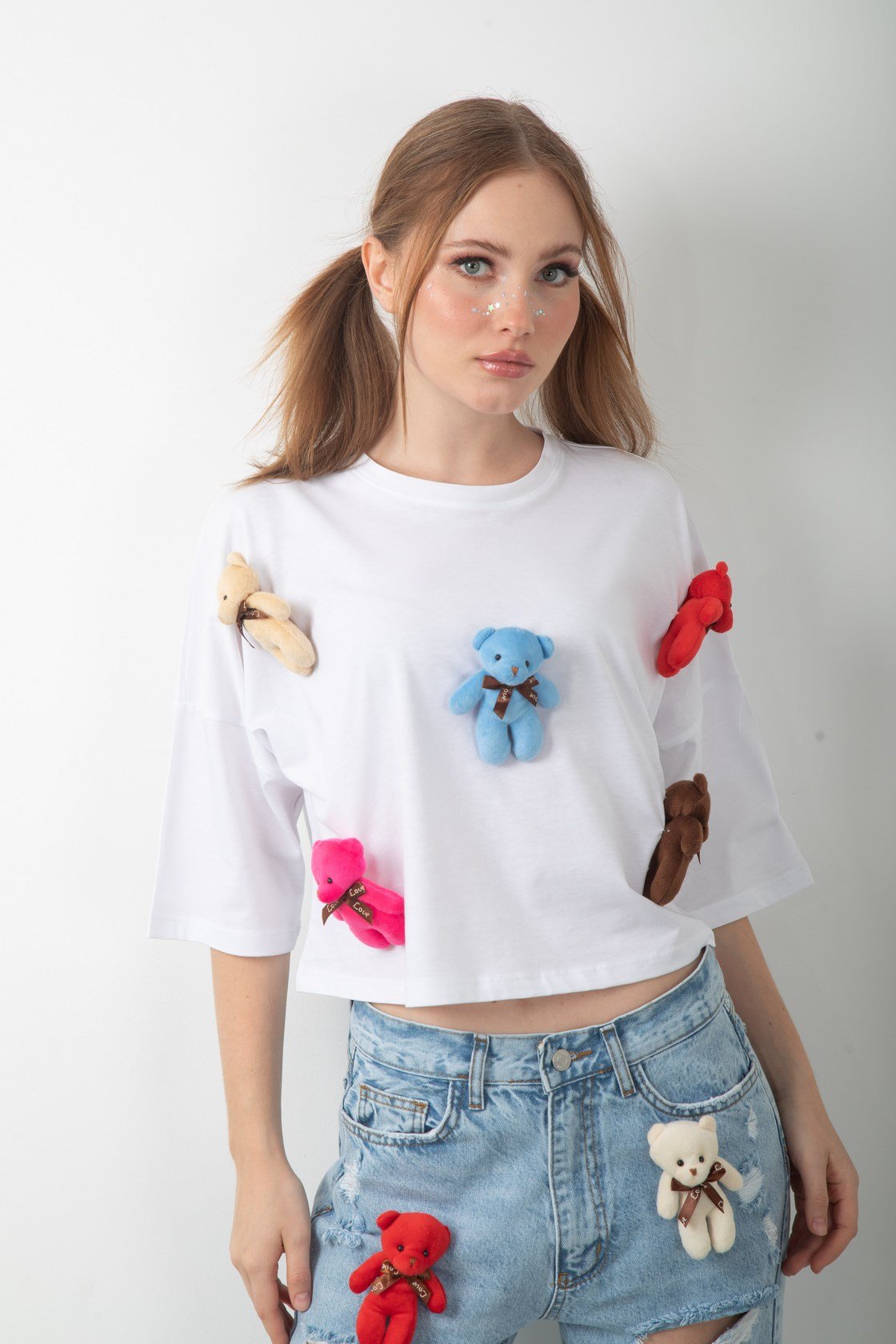 Oyuncak Ayıcık Aksesuarlı Crop Tişört