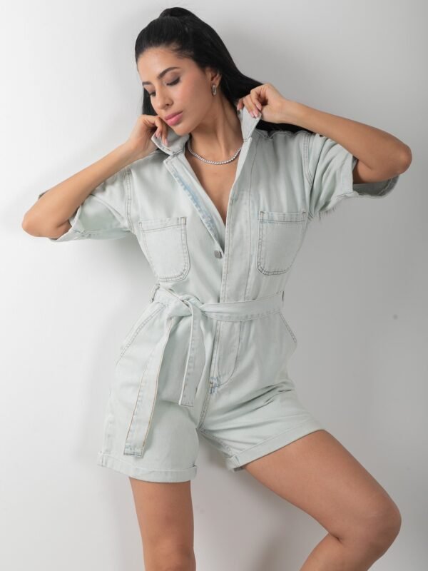 Denim Şortlu Kuşaklı Kot Tulum