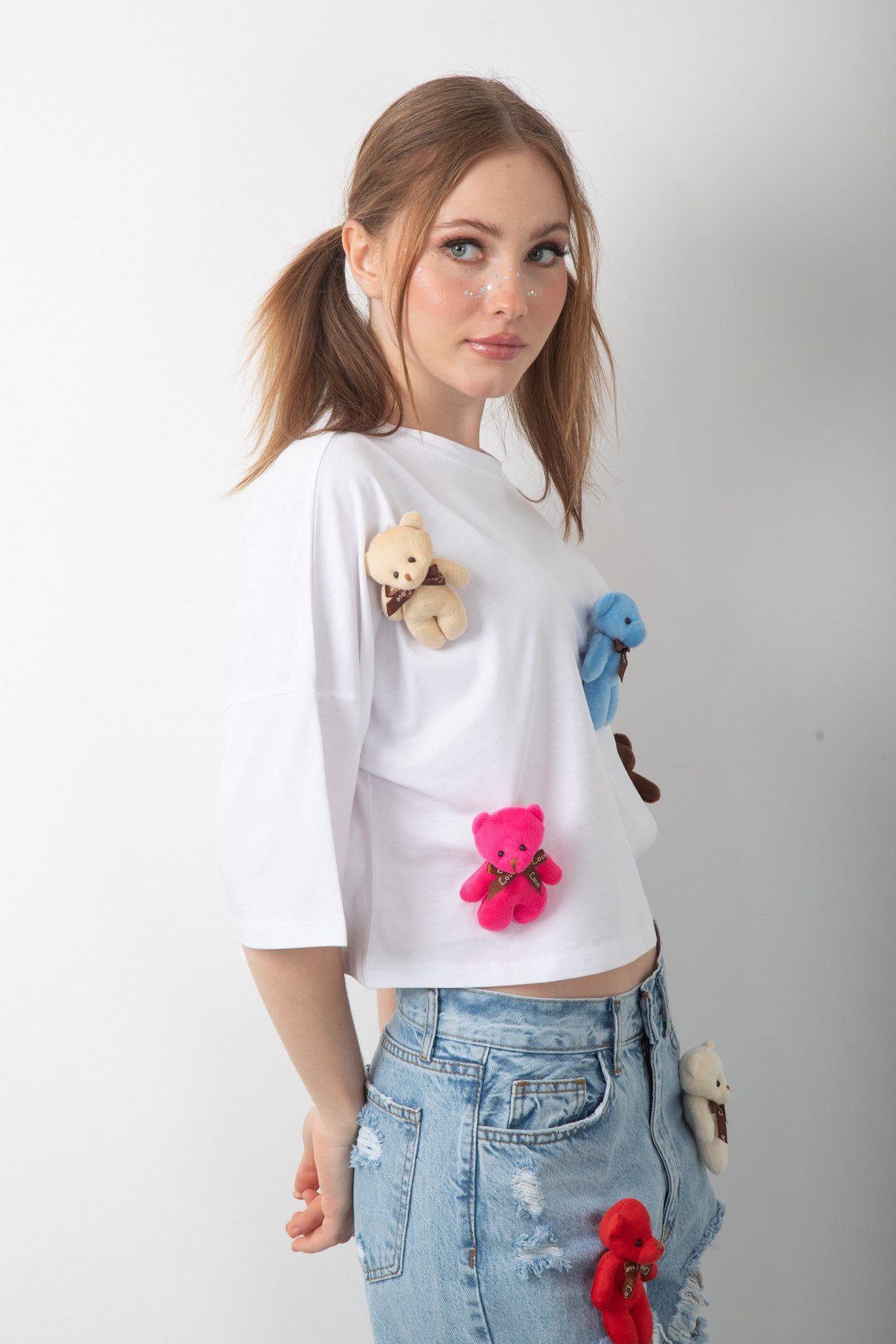 Oyuncak Ayıcık Aksesuarlı Crop Tişört