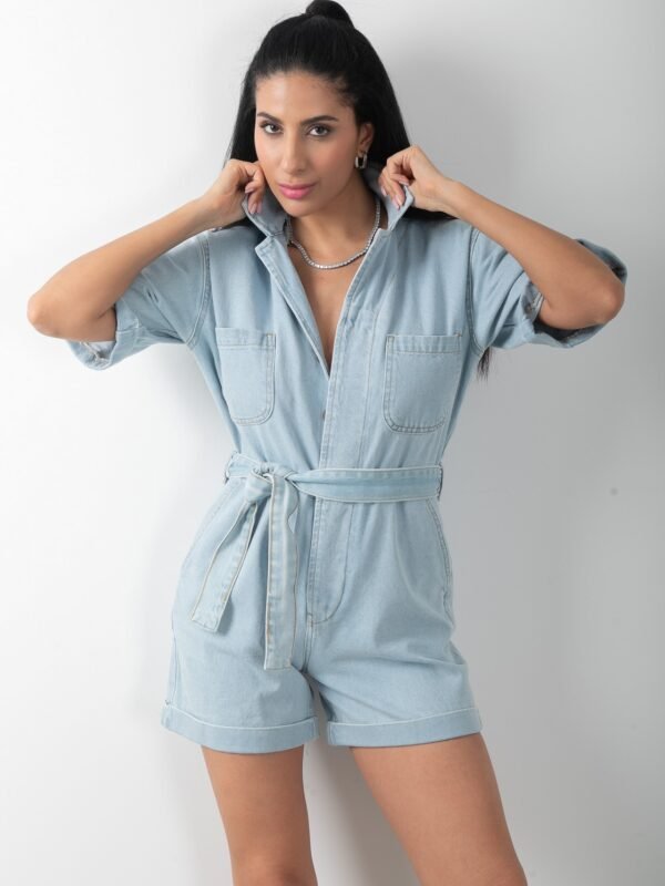 Denim Şortlu Kuşaklı Kot Mavi Tulum